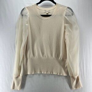 Marled Sweater Womens Size M Crewneck Sheer Balloon Sleeve Rayon Blend Beige